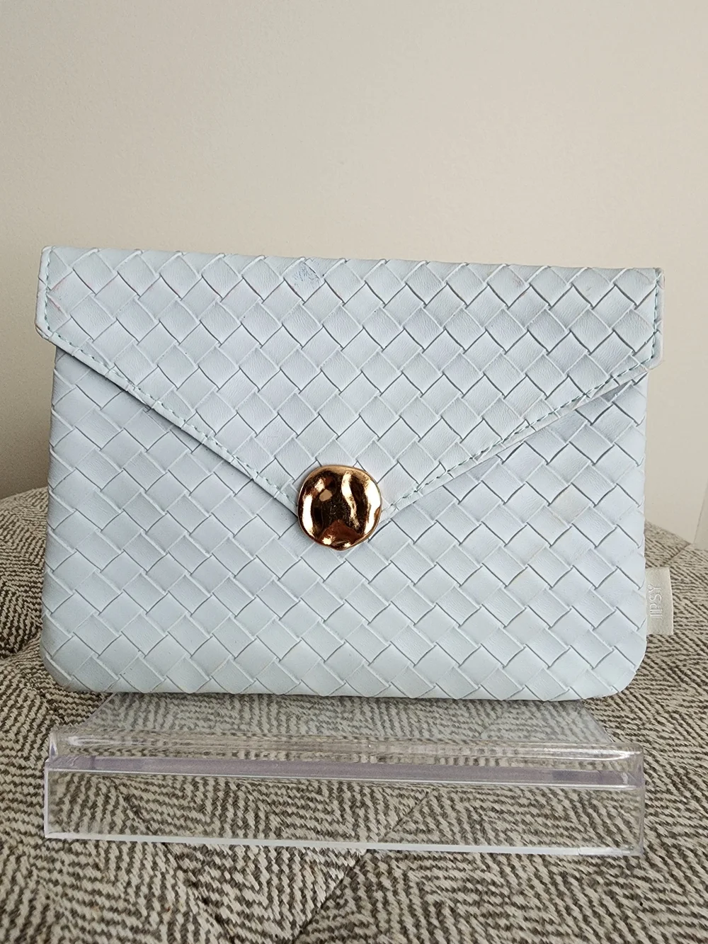 Ipsy Woven Envelope Cosmetic Pouch in Light Blue with Gold Snap